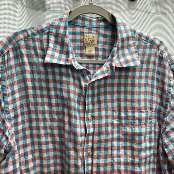 Jos.A.Bank Mens 100% Linen Blue and Pink Check Button Front Shirt Large - Picture 7 of 9